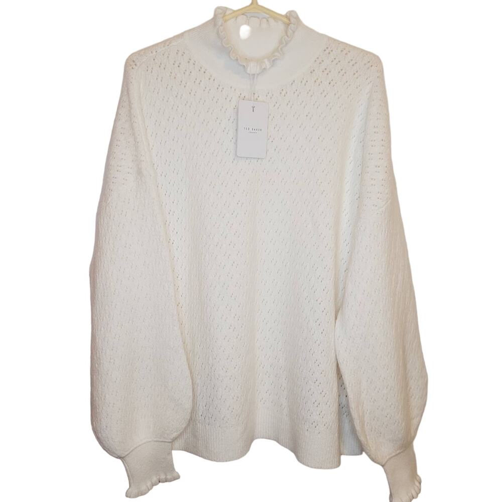 New Ted Baker Yolliey white pointelle knit balloon sleeve sweater Sz 16 Feminine